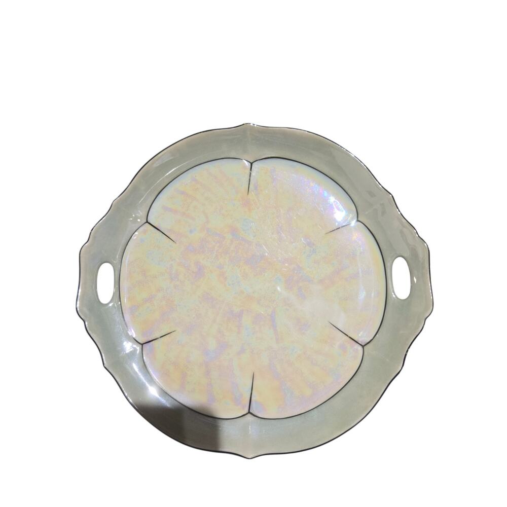 Vintage Iridescent Porcelain Round Platter with Handles, Czechoslovakia